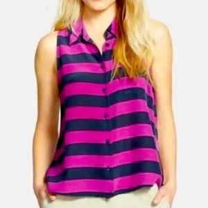 Equipment  100% silk pink navy blue stripe sleeveless tank top size S